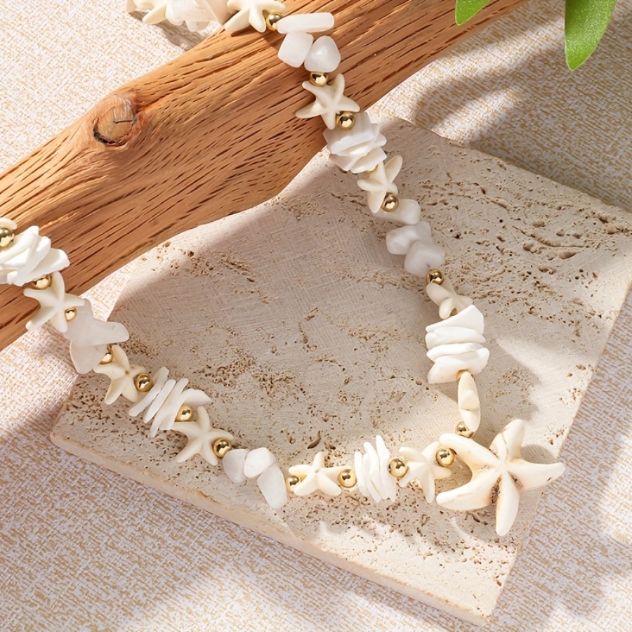 1pc European And American Bohemian Style Starfish Irregular Natural Stone White Crushed Stone Beaded Pendant Necklace Elegant Versatile Beaded Clavicle Chain Women's Necklace Beach Fashion Versatile