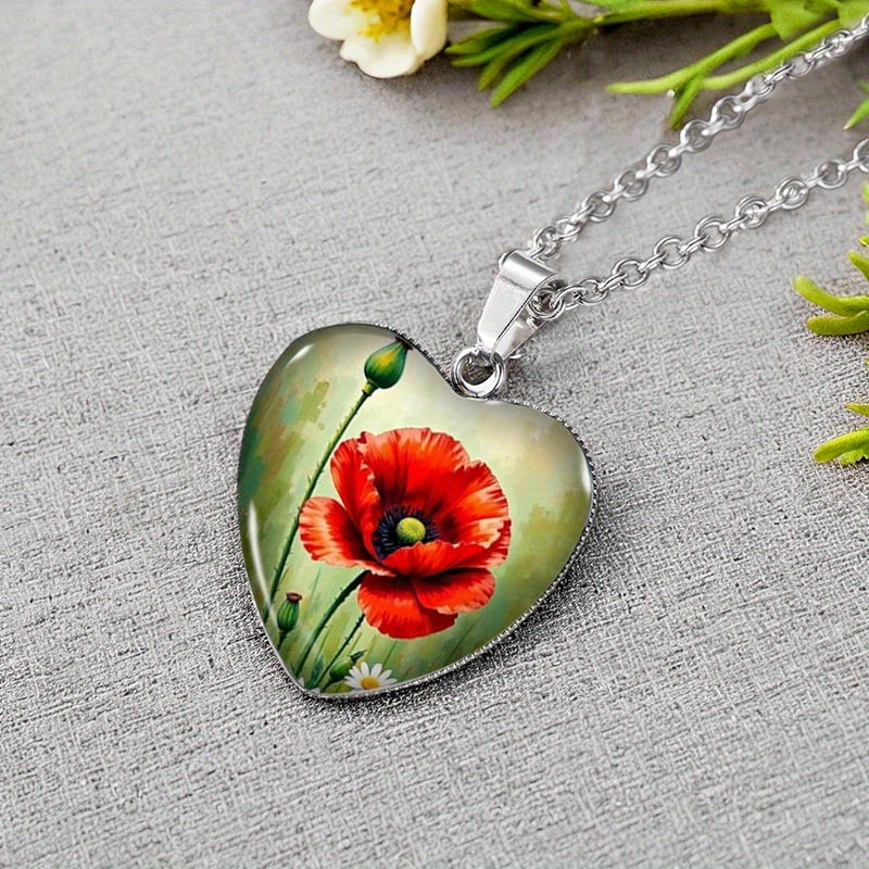 TEMU 1pc Poppy Oil Painting Heart-shaped Pendant Glass Necklace Handmade Men's Jewelry