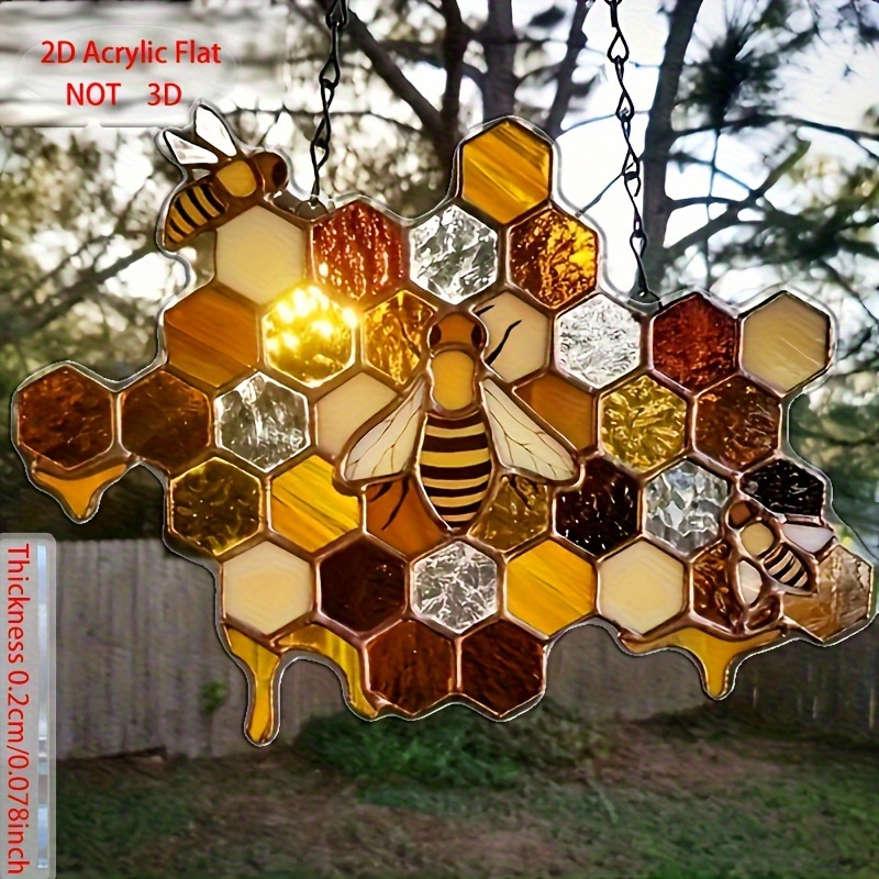TEMU 2d Flat Printing, 1pc Bohemian Style Bee And Honeycomb Acrylic Wall Art - Outdoor/indoor Hanging Decor, No Electricity Needed, Weather-resistant