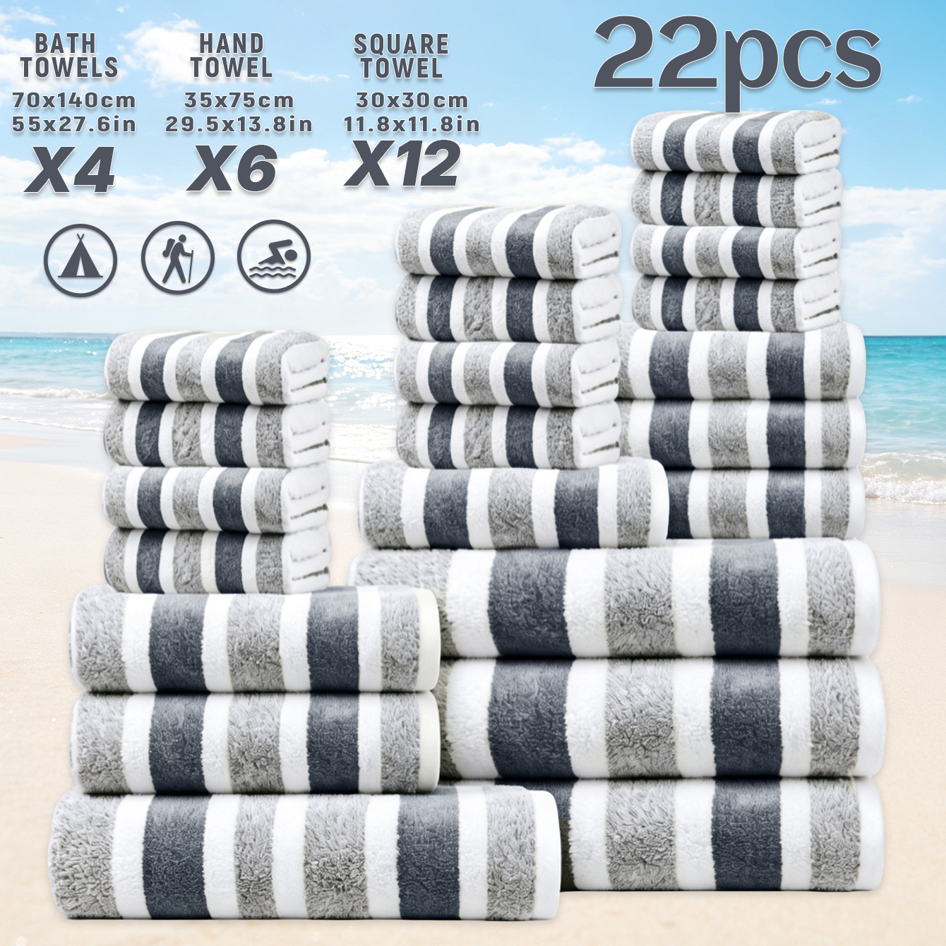 Image of 22pcs Set [12 Face Cloths + 6 Hand Towels + 4 Bath Towels] - Coral Fleece Microfiber Towel Collection | , Quick-drying, 300gsm -nylon Blend, For Bathing, Face Washing, Car Cleaning, Camping & Travel