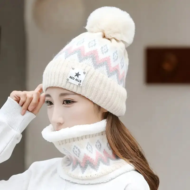 2pcs winter womens winter hat and scarf set star decoration pink and white striped hat soft fleece beige pink white grey black elastic comfortable fleece lining suitable for skiing cycling daily cold weather multifunctional hat winter scarf set winter hat for women hat scarf set fall winter hats women Product details 4