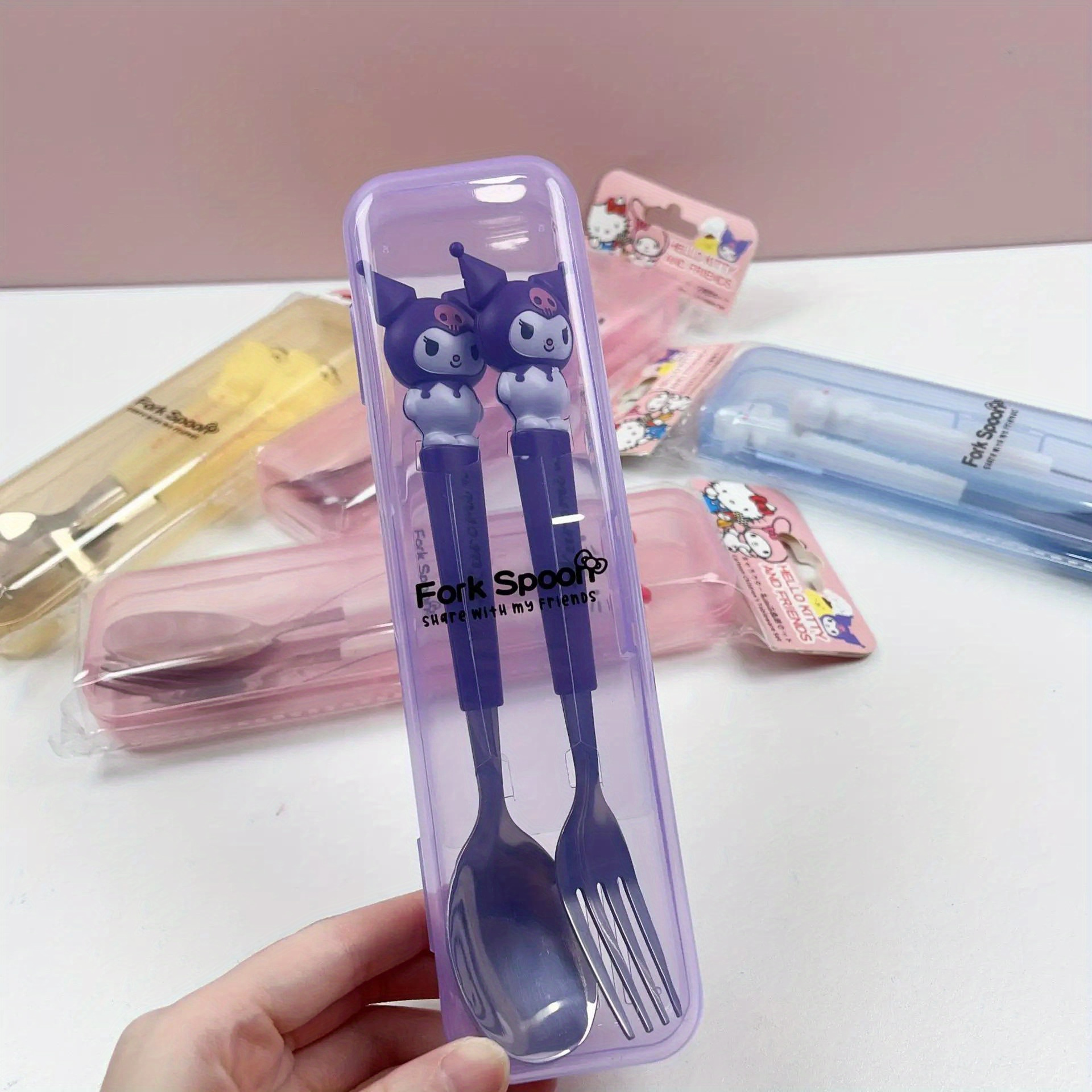 2pcs   stainless steel portable cutlery set cute cartoon design with pink handles   spoon and fork ideal for outdoor travel and daily use travel essentials   design durable cutlery Product details 2