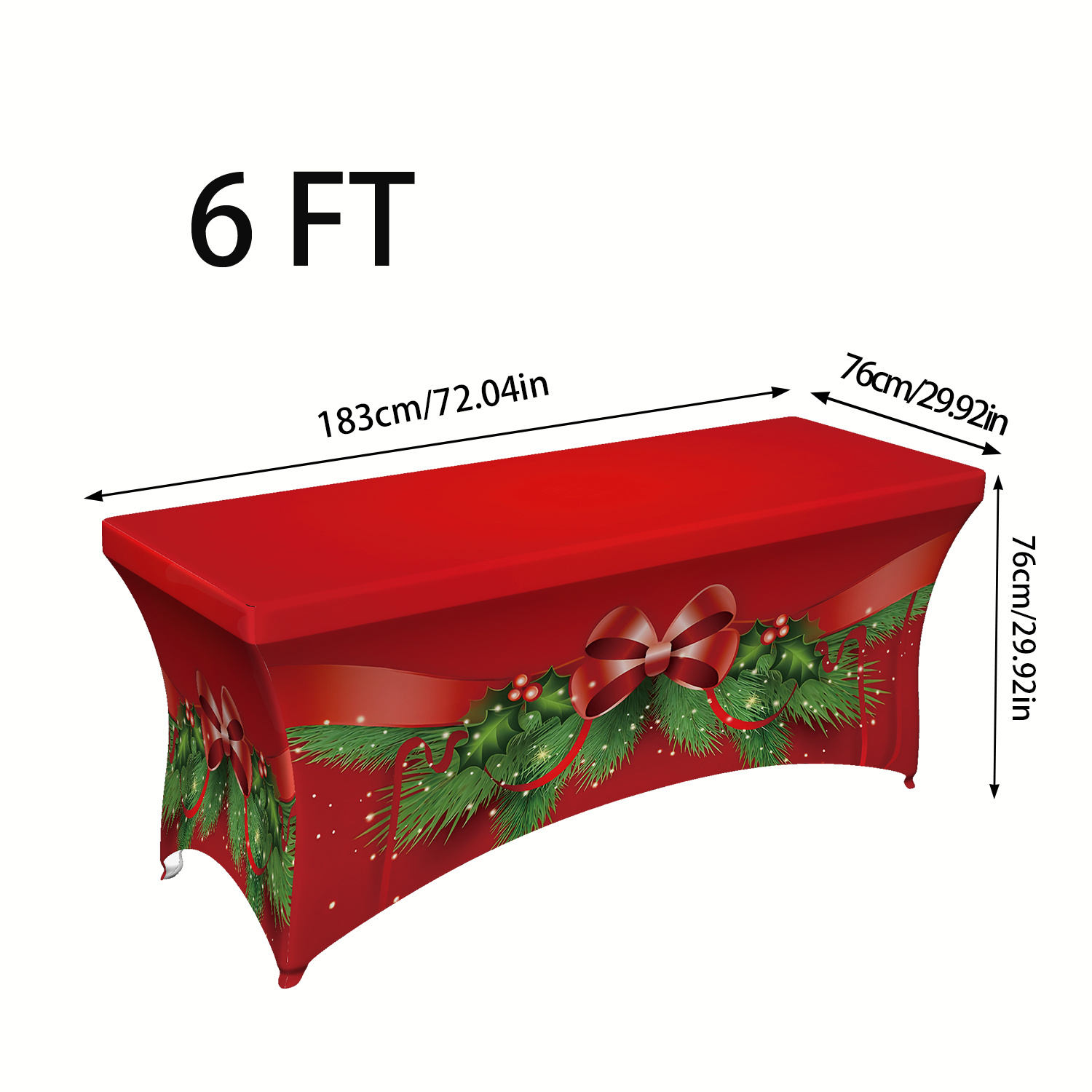 TEMU 1pc Festive Decorative Bow And Pine Branch Pattern Printed Elastic Tablecloth, 4/6/8ft Rectangular Elastic Tablecloth, Traditional Holiday