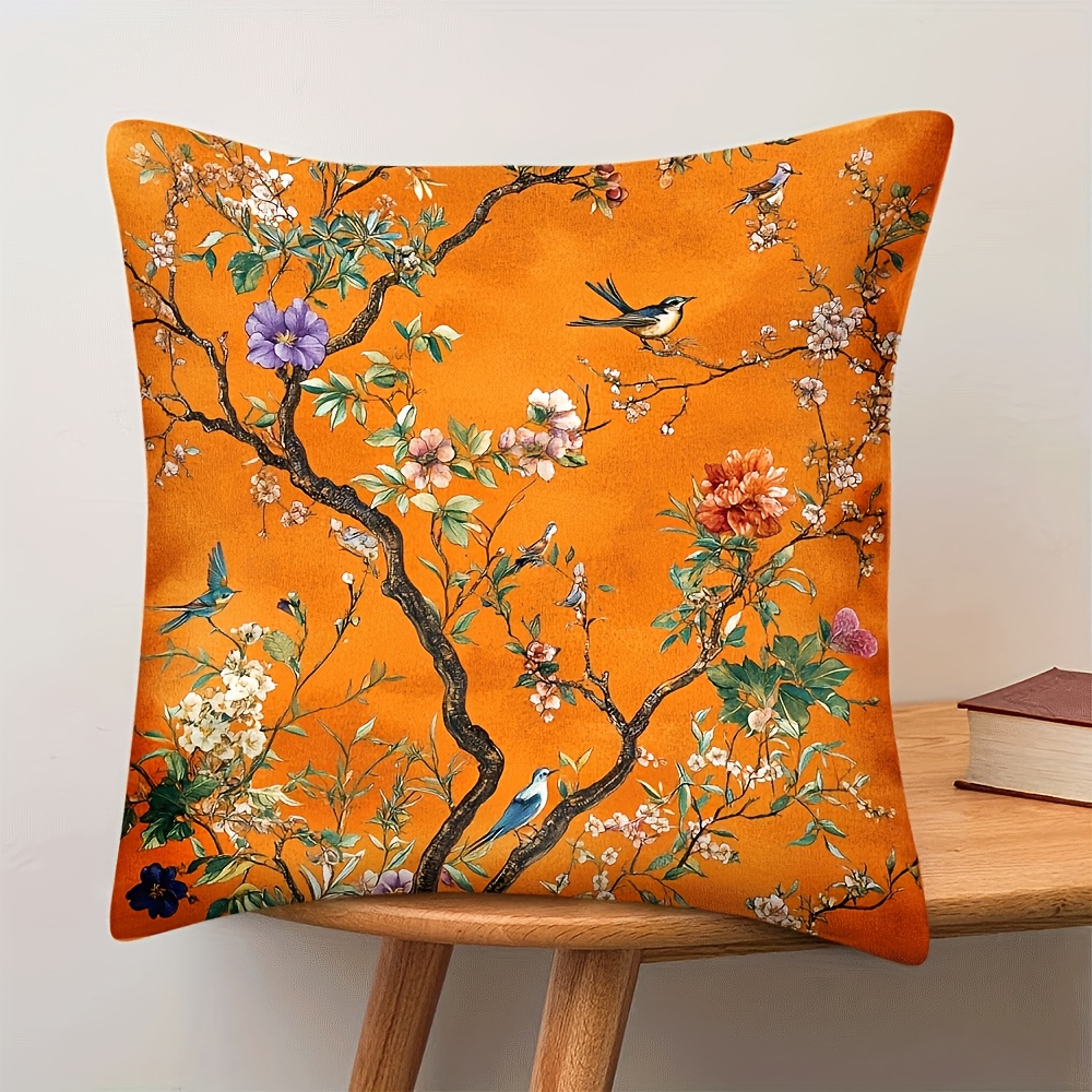 TEMU 1pc, Retro Style Inspirational Pillowcase, With - Vibrant Flowers And Delicate Birds On Orange Background, Short Plush Polyester Fiber, Soft