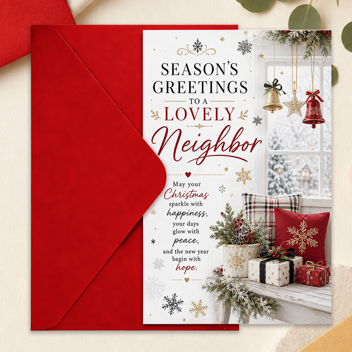 1pc Christmas With Envelope, Lovely Neighbor Recipient, Warm Holiday Wishes Printed Greeting Card, Bell Gift Box Christmas Artwork, Neighbor Holiday Appreciation Card For Christmas Celebration