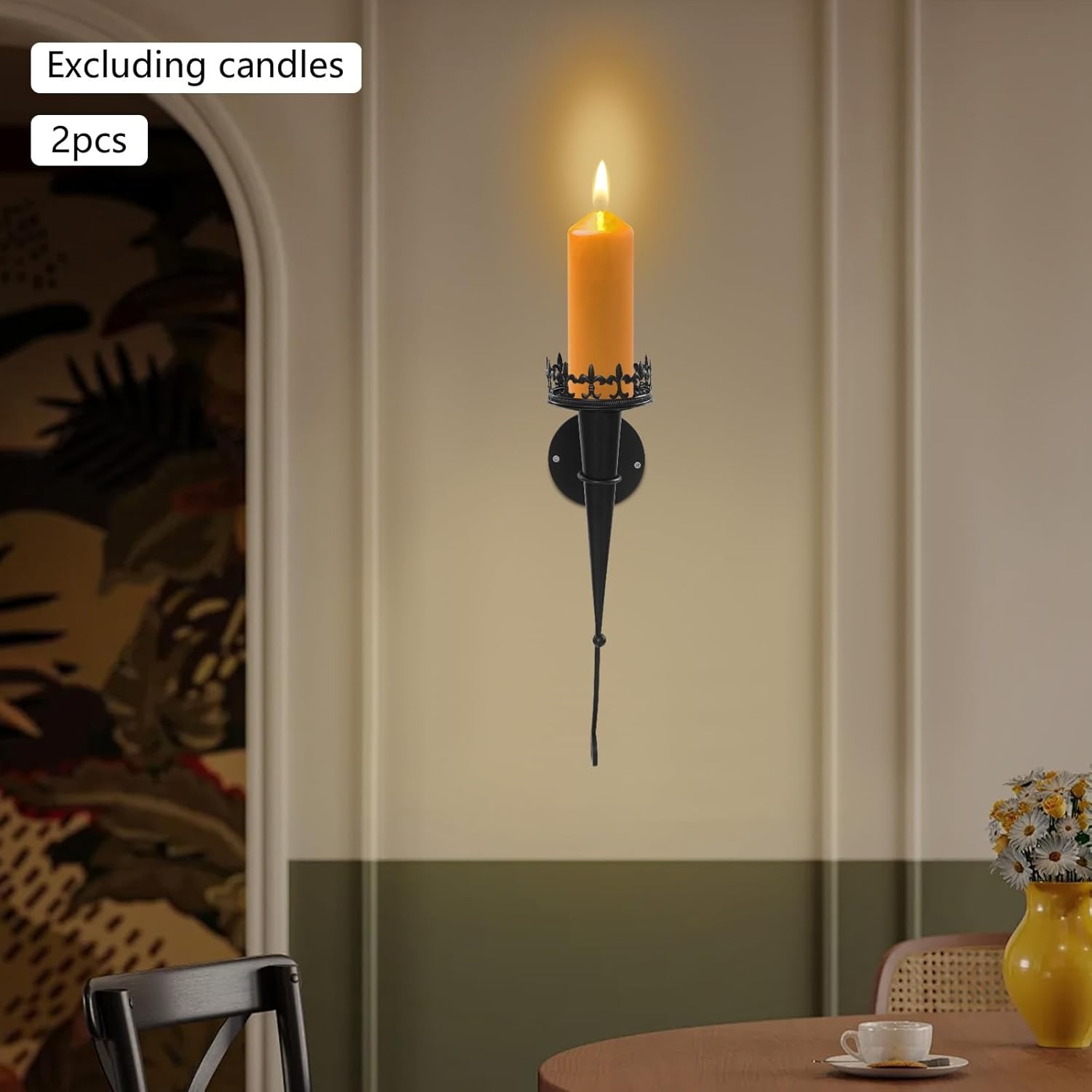 Image of 2 Candlestick Walls, Metal Candlesticks, Creative Decorations, Candlesticks, Burgfackel, Garden Decoration Outdoor Vintage, Fireplace Candlesticks Black