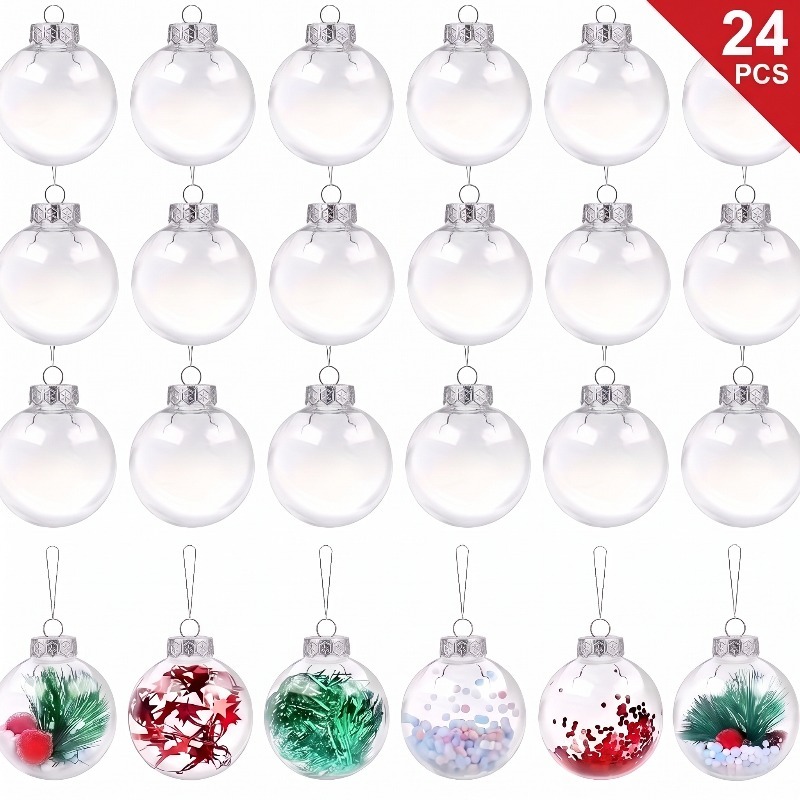 TEMU 24pcs Transparent Fillable Christmas Ornaments - Clear Plastic Spherical Decorations For Christmas Tree, Holiday Craft Party Supplies, Fillable