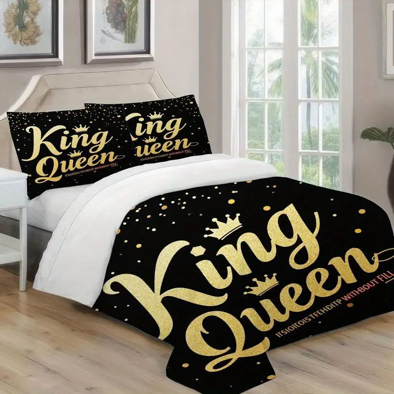 3pcs luxury king queen golden letter print duvet , modern romantic black theme bedroom decor, soft polyester fabric for master 1 duvet +2 pillowcases, queen size bedding set, king size sets, queen bed comforter set, set, durable fabric, bedding, pillowcase set, couples gift, home decor lovers Product details 4