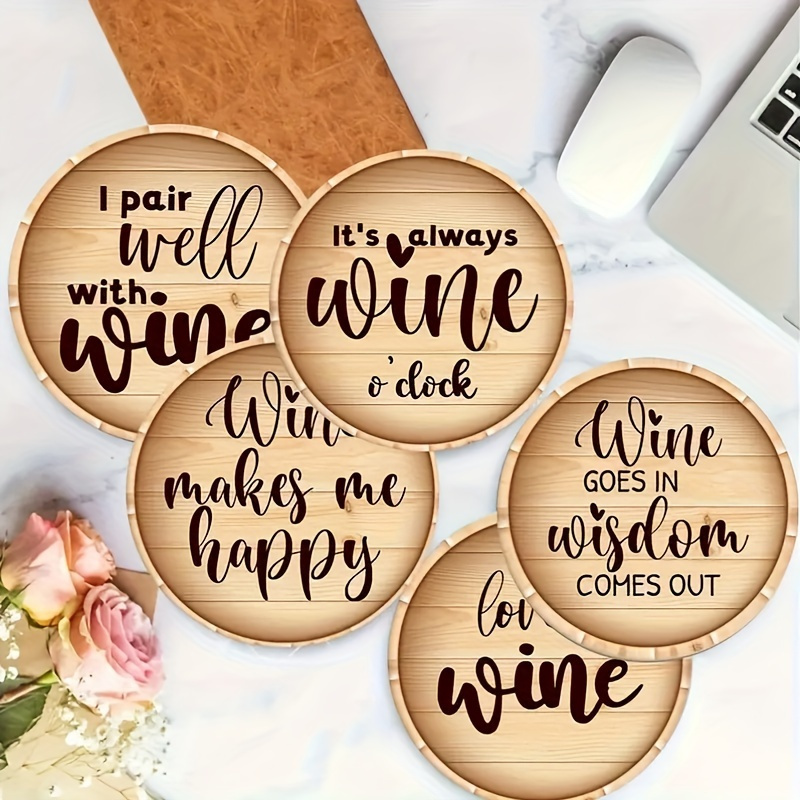 TEMU Set Of 6 Creative Wooden Coasters With Wine Quote Design, Suitable For Home, Cafes, Afternoon Tea, And Drink Mats