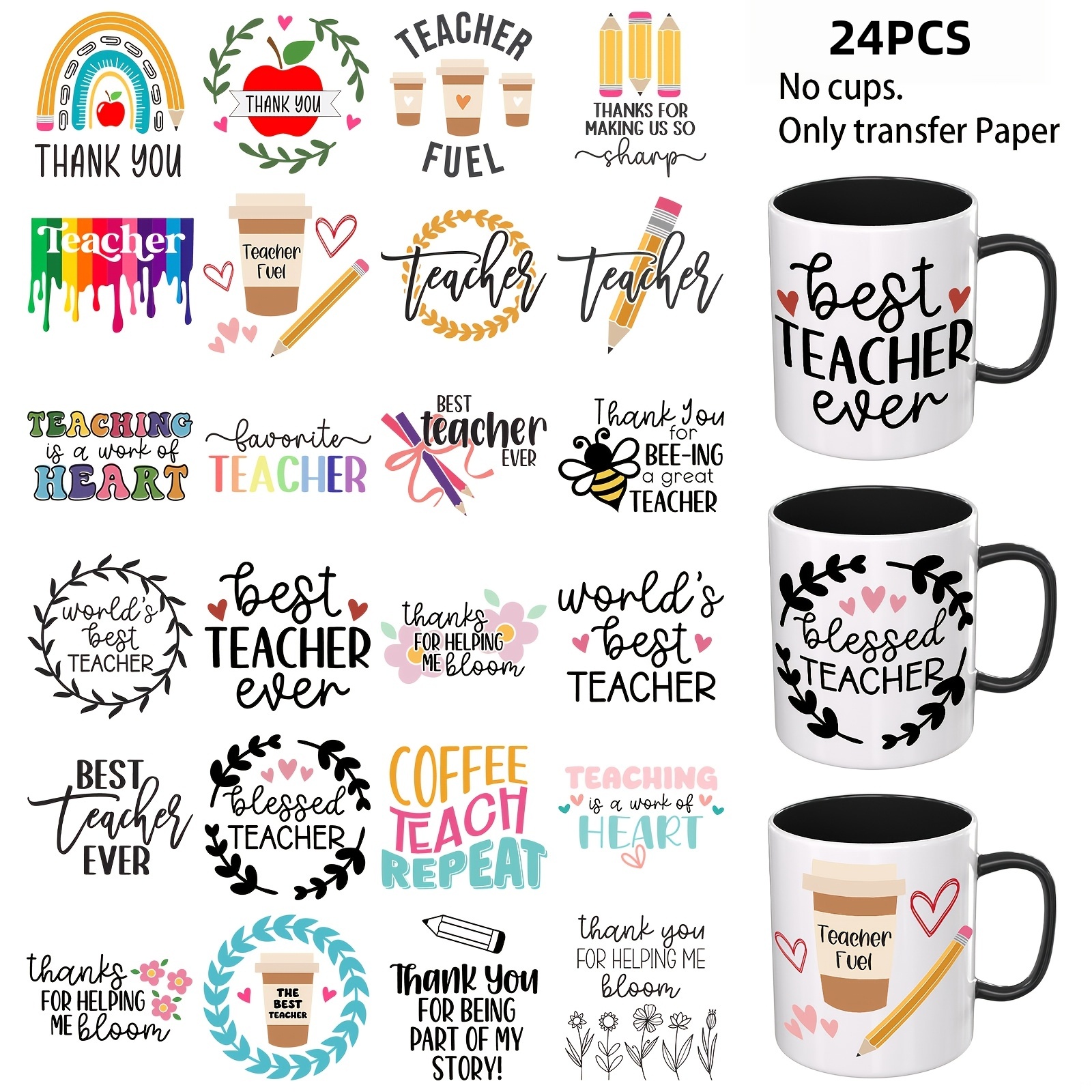 TEMU Teacher's Day 24pcs Teacher Appreciation Themed Uv Dtf, Cup Wrap Transfer, Long-lasting Transfer, Suitable For Glass Cups, Durable Uv Dtf, For