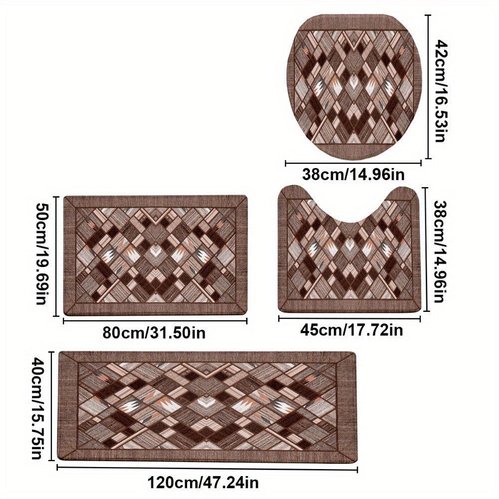 TEMU 4pcs/ Set Fashionable Brown Geometric Pattern Printed Bathroom Protective Mat Set, Non-slip Bathroom Mat, Flannel Bathroom Mat, Bathroom Floor