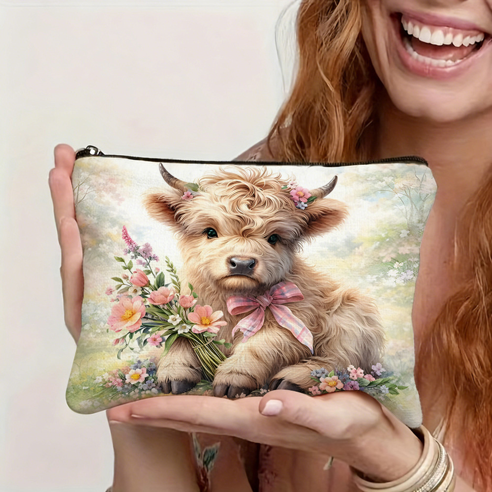 TEMU Trousse de maquillage One Spring à motif floral de vache Highland, un sac léger et élégant avec fermeture éclair, adapté pour et l'usage comme