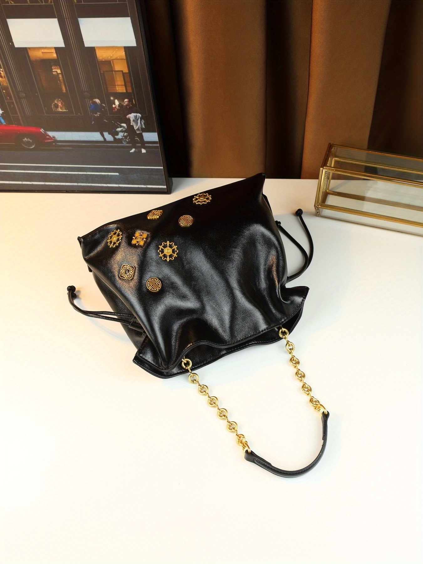 Black PU Handbag with Drawstring Closure