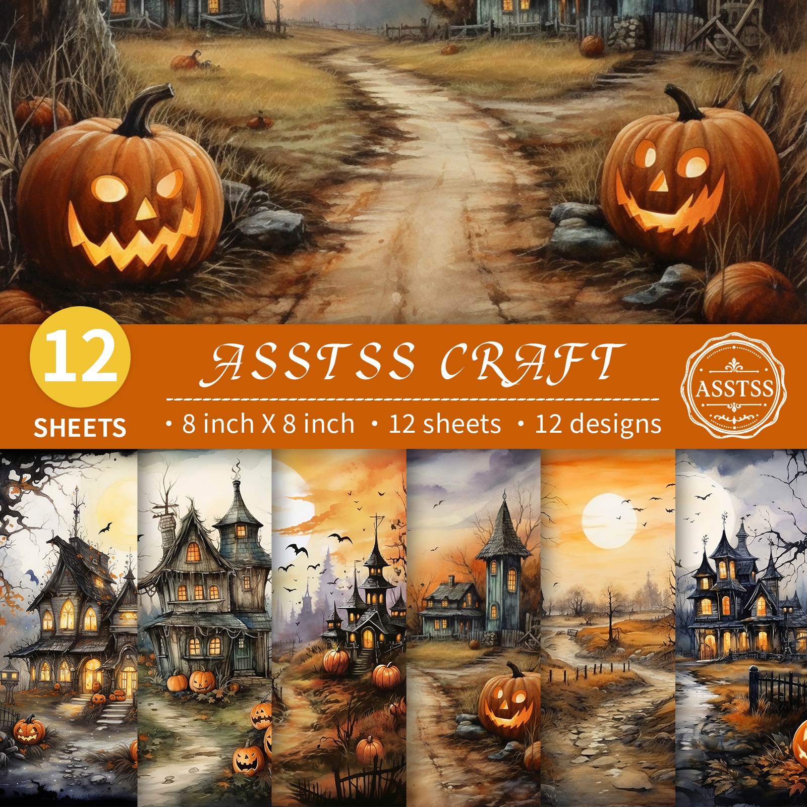 TEMU Lot de 12 feuilles de papier scrapbooking ASSTSS de 8X8 pouces, papier de base style aquarelle Halloween avec paysage, et citrouille, papier
