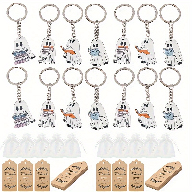 2d Flat, 48pcs Acrylic Flat Cartoon Book-reading Keychain Charms, Car Keys Backpack Decor Pendants For Halloween Christmas Thanksgiving Holiday Party Gifts, 16 Keychains + 16 Cards + 16 Bags