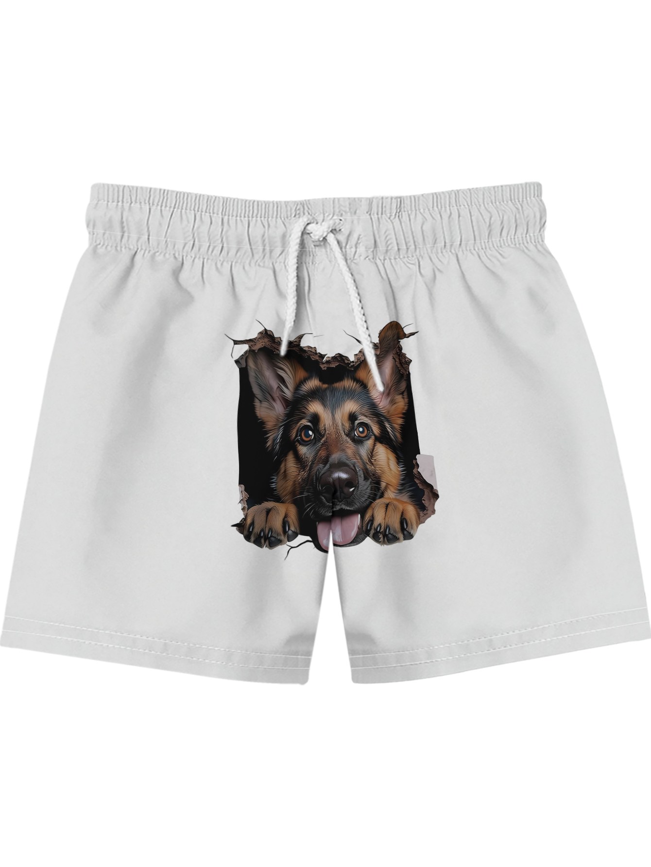 Men'S Beach Shorts Featuring a Flat Digital Print Design Without Texture, Showcasing a German Shepherd Peeking from The Paper. Summer Swim Trunks with an Elastic Waistband, Drawstring, And a Loose Fit for
