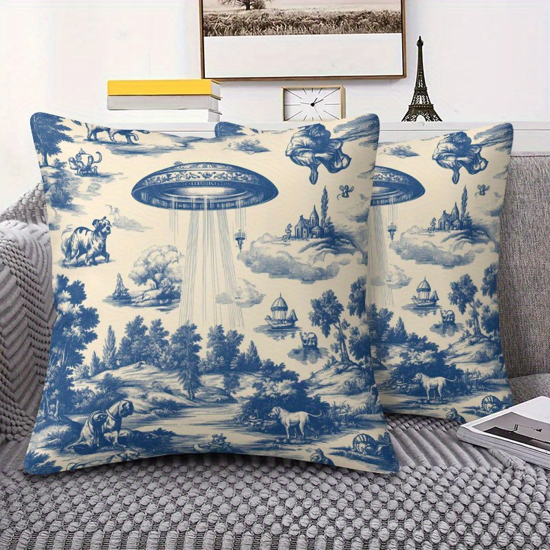 TEMU 2pz Cuscino in Tessuto Ultra- con Stampa Monofacciale Vintage, Motivo UFO Lavabile a e in Lavatrice 45�45cm Adatta per Camera da Letto Soggiorno