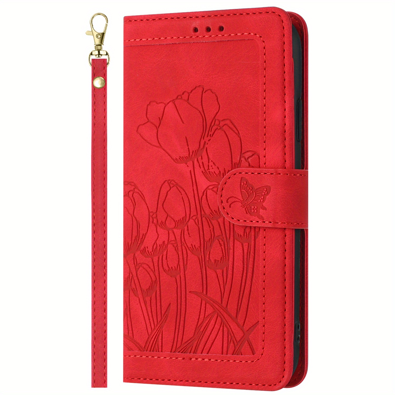 TEMU Creative And Stylish Red Tulip Leather Case For Women, A Versatile Phone Protector With High Quality. It Features A Matching Wrist Strap And A