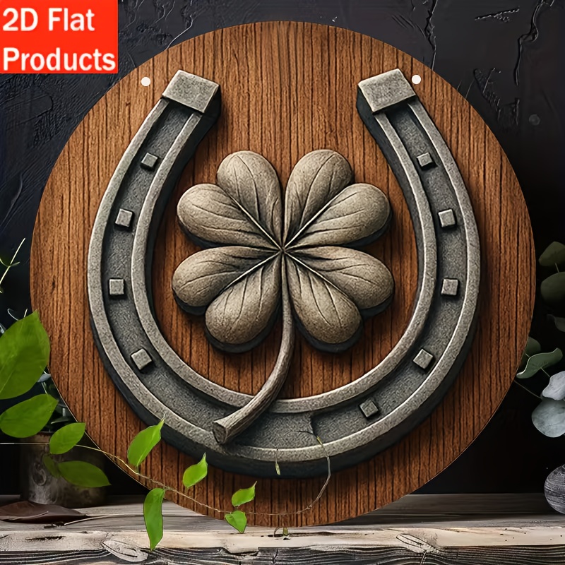 TEMU 2d Flat, 2d Flat - 1 Vintage Horseshoe Sign | Round Wooden Wall Decor With Clover Design, Durable, Suitable For Indoor/outdoor Home, Garage,