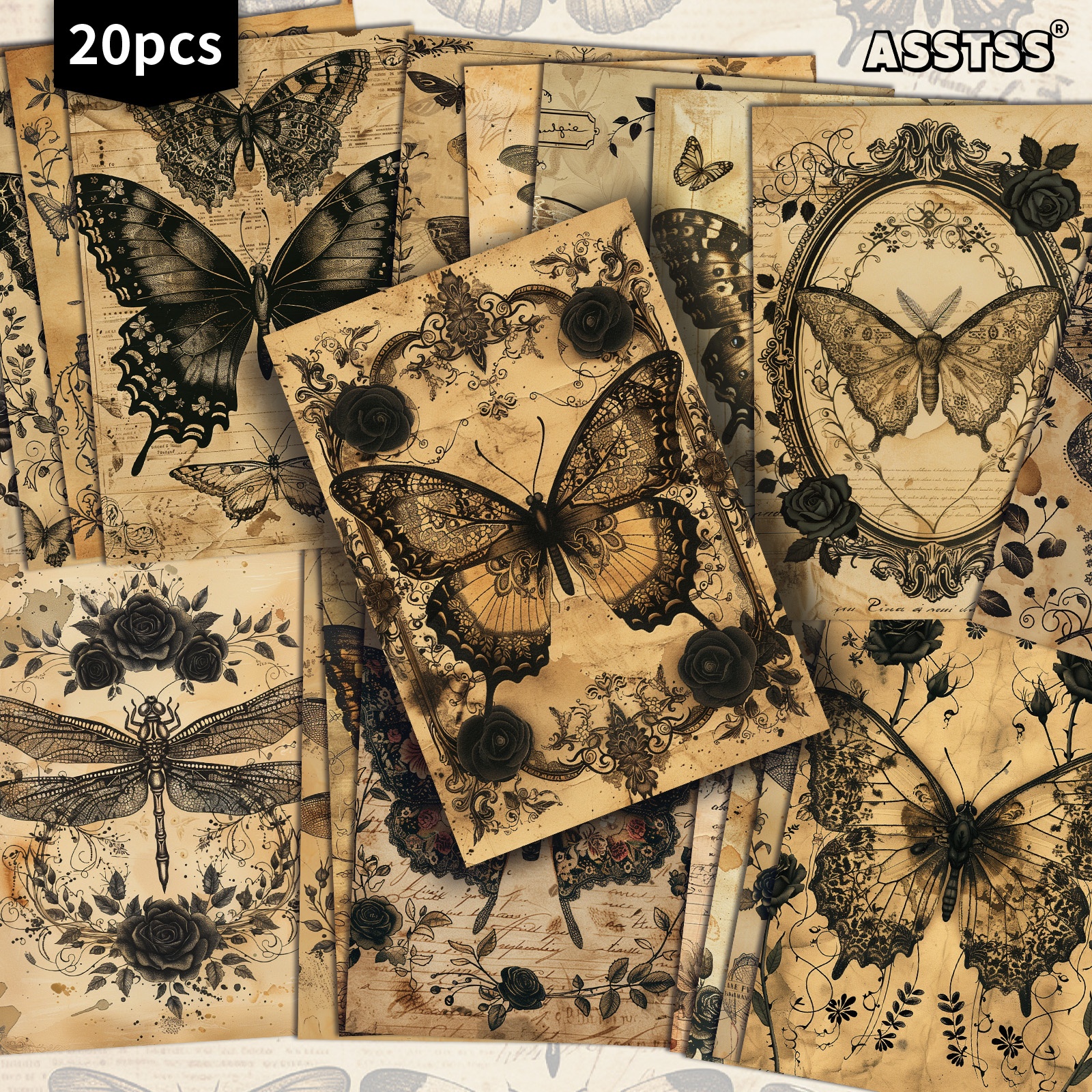 TEMU Lot de 20 cartes postales ASSTSS Vintage Gothique Papillon - 4X6 pouces Rétro Junk Journal Supplies, Illustrations Classiques Cartes de Peinture