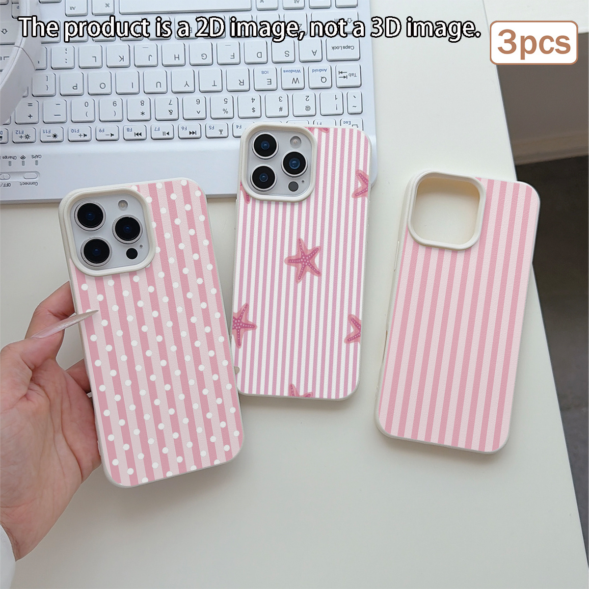 TEMU Phone Case - The Product Is A 2d Image Not A 3d Image 3pcs Set Of Faux Leather Beige Striped Tpu Anti-drop Full Coverage Precise Protection Case