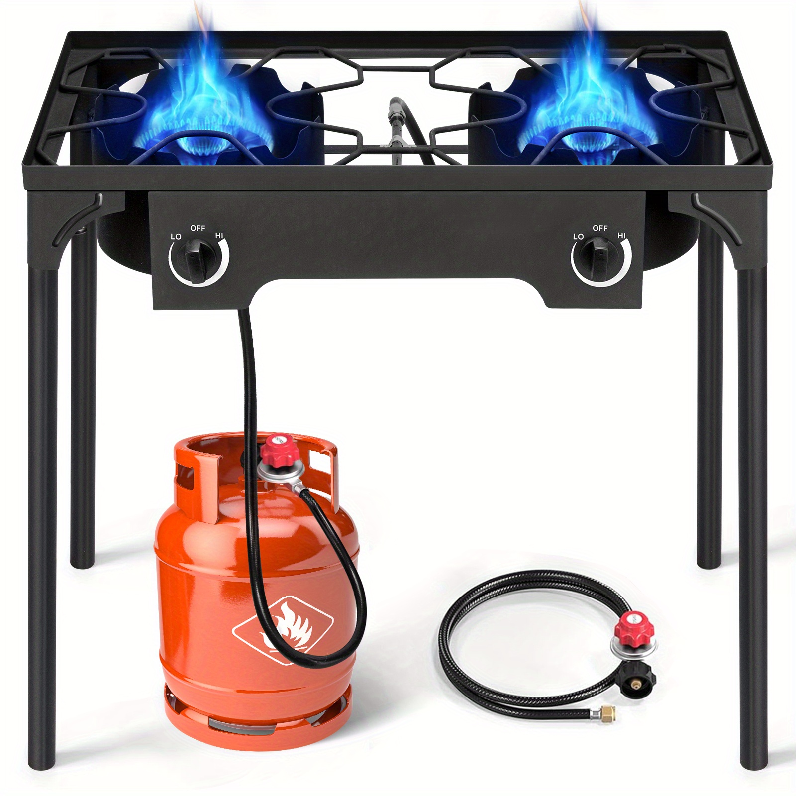 2 Burner Outdoor Propane Gas Stove 150, 000 BTU High Pressure Stand Cooker for Backyard Cooking Camping Home Brewing Canning Turkey Frying, 20 PSI Regulator