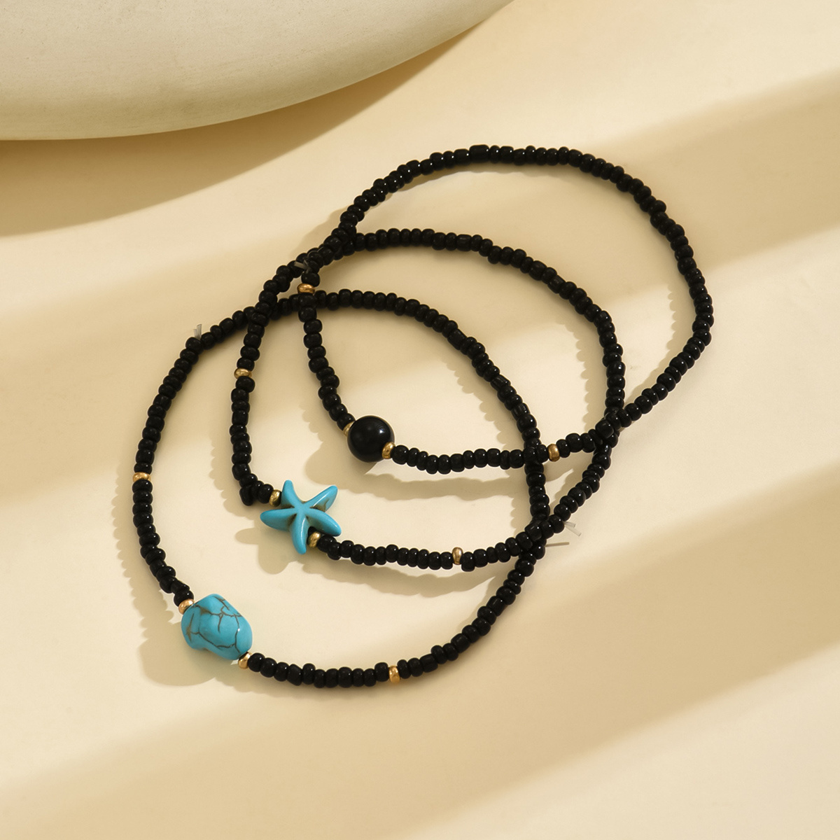 3 Pcs Women's Ankle Bracelets Set with Starfish & Turquoise Beads