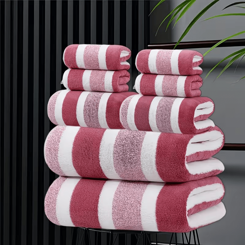 TEMU 8pcs Set, Loss, Super Absorbent, Super Soft Two-color Striped Bath Towel Combination, Including 2 Large Bath Towels, 2 Large Face Towels, 4 Hand