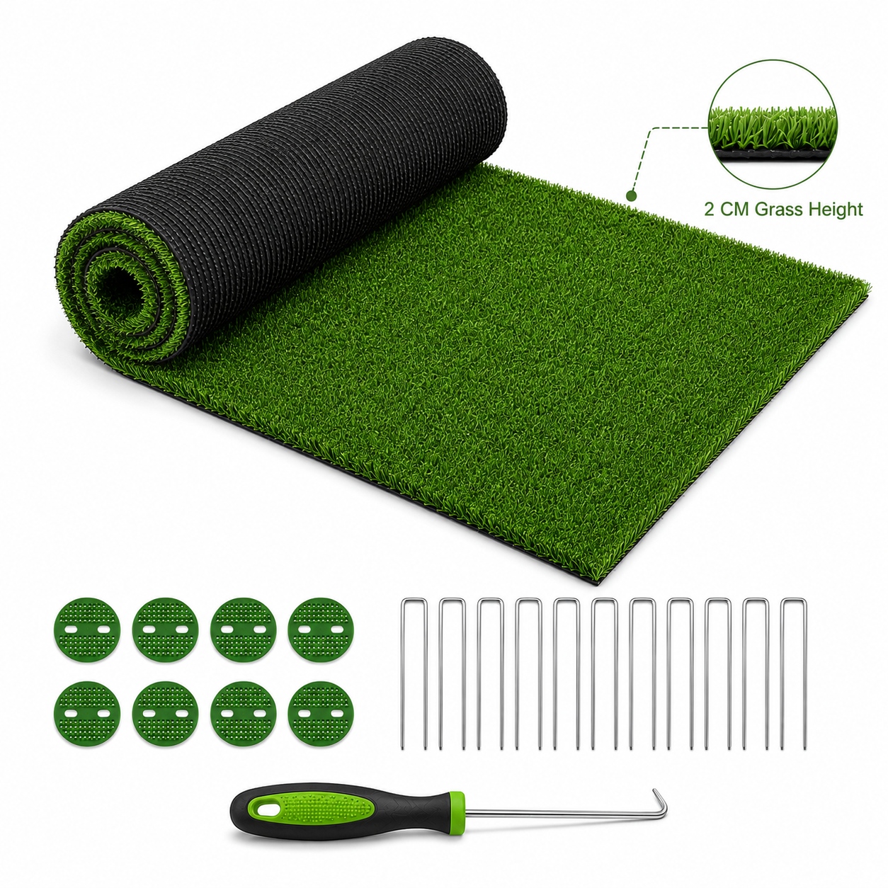 Artificial Grass Rug 180x750cm, 2cm Pile Height Roll With U-shaped Stakes And Installation Kit For Patio, Balcony, Rooftop, Garden, Indoor & Outdoor Use