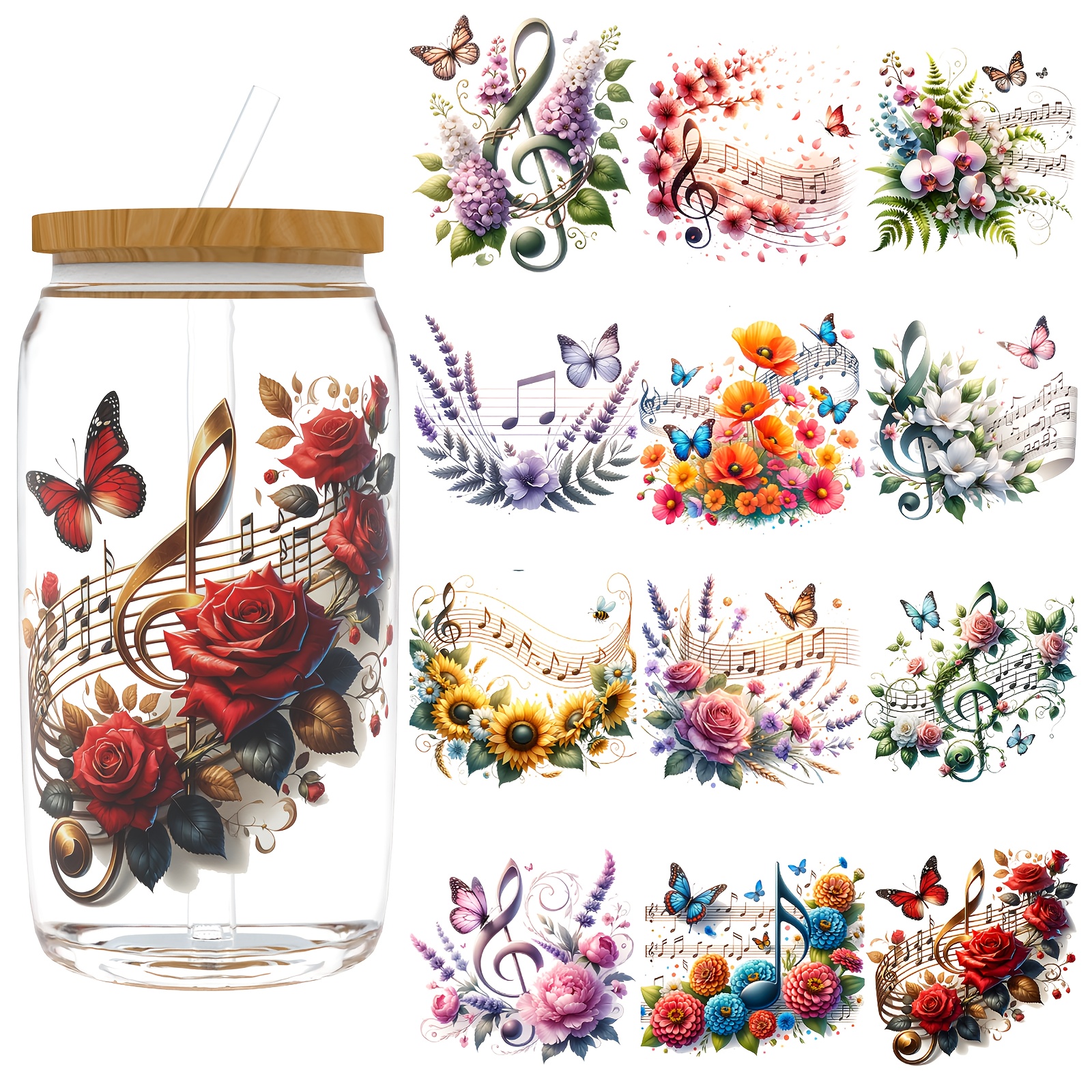 TEMU 12pcs/set Uv Dtf Packaging - Music Note Style Uv Dtf Transfer Stickers, Suitable For Various Cups, Laptops, Helmets, Luggage, Phone Cases,