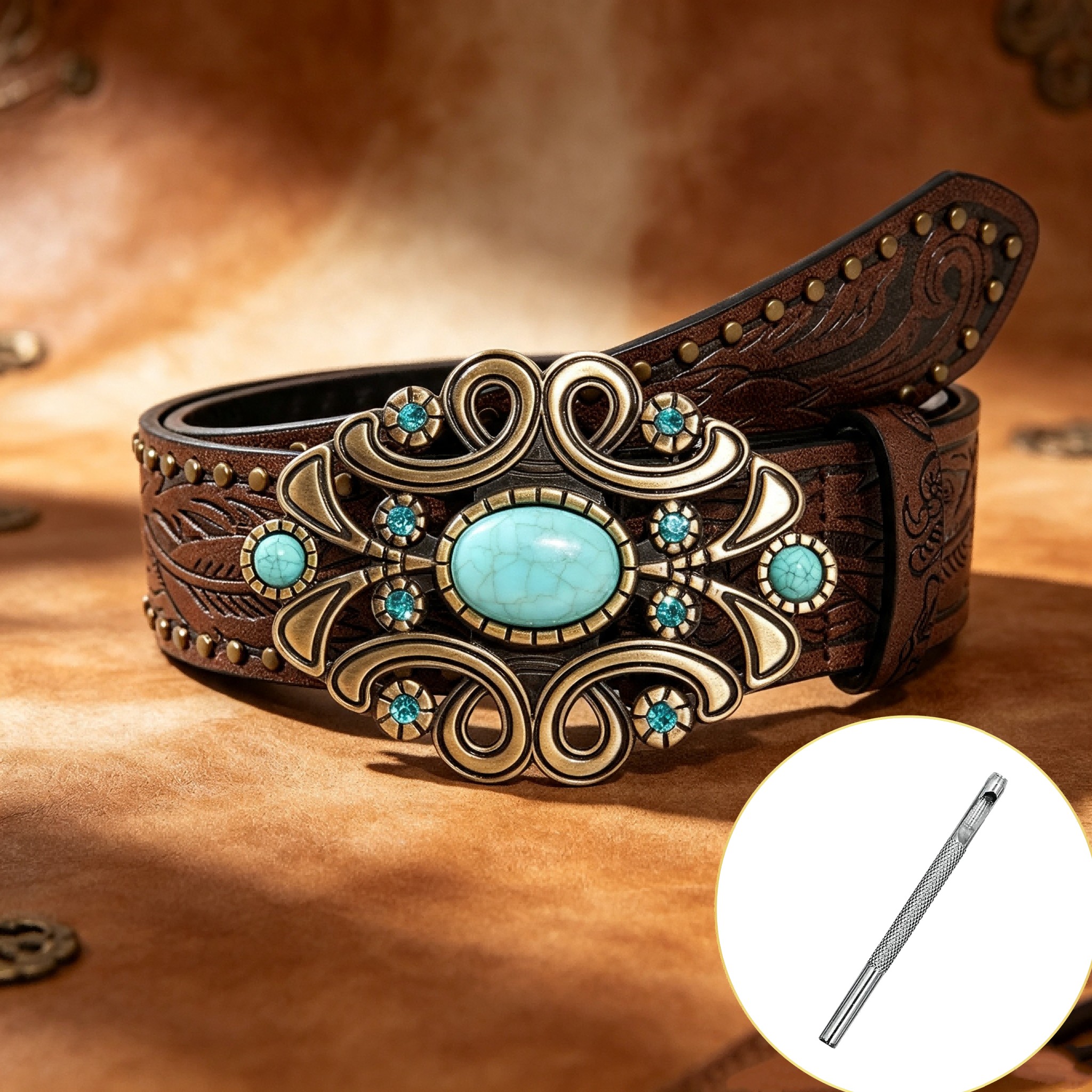 TEMU 2pcs(1 Belt+1 Hole Punch) Women Vintage Western Belt, Brown Embossed Belt With Turquoise Buckle, Rivet Trim Retro Boho Decorative Belt For Jeans