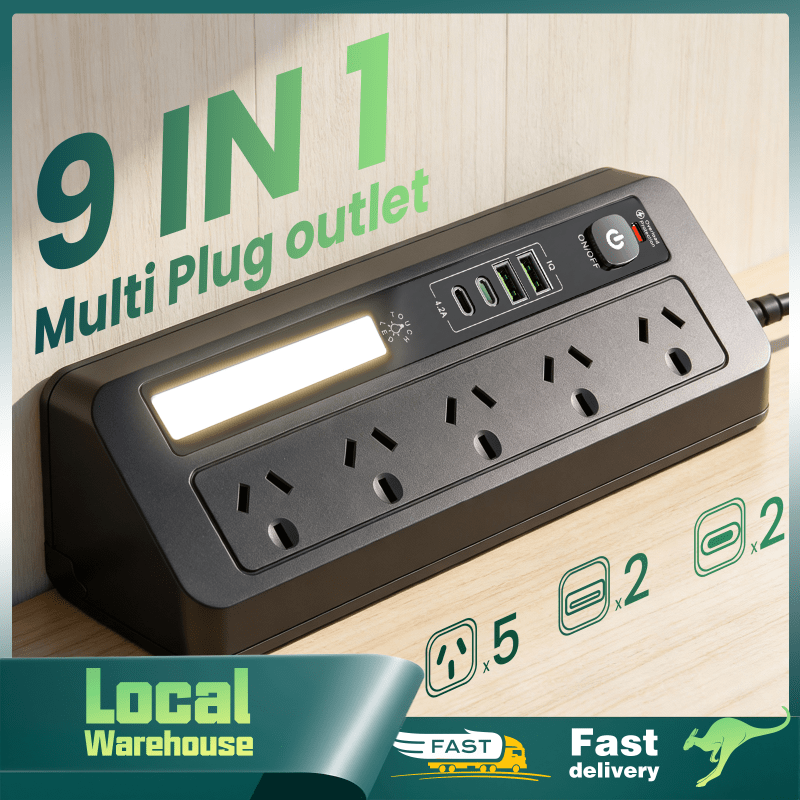 TEMU 9-in-1 Power Strip With Usb-c, Protection And Light, 5 Ac Outlets, 2 Usb- Usb-c Ports, Extension Cord, Mountable Power Strip For Desk, Home And