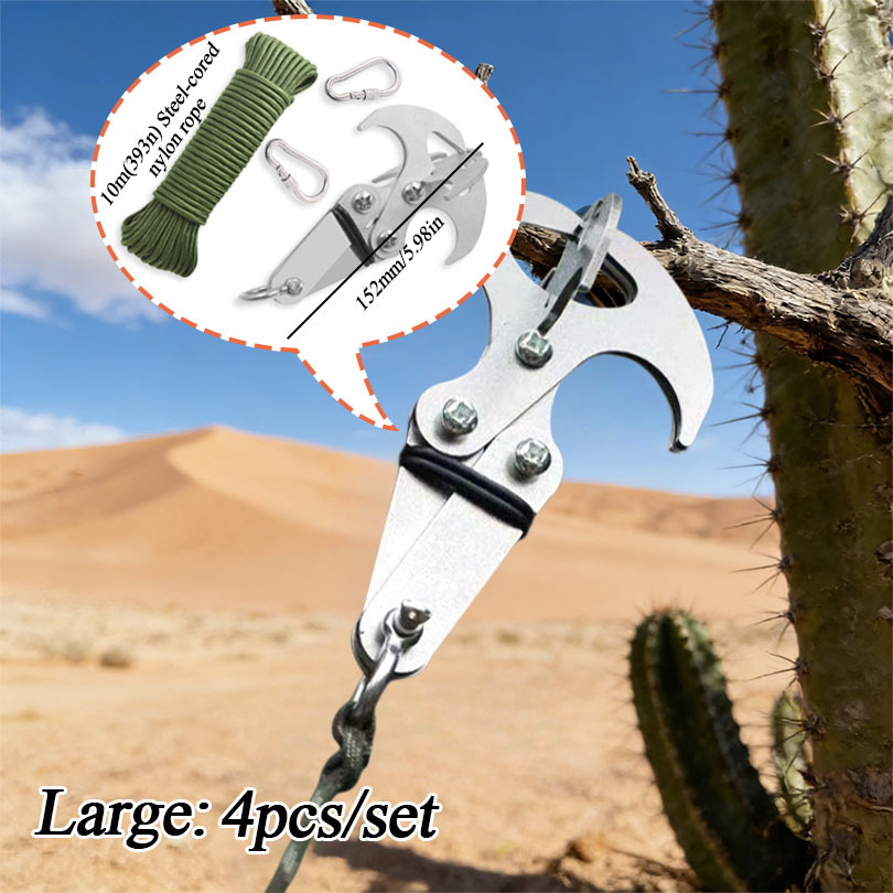 Image of 4pcs Outdoor Assistant Gear, Steel Folding Hooks With -claw Design - Includes 10m/393in Steel Wire Core Rope, Perfect For Hiking, Camping, Picnics, And Gifting.