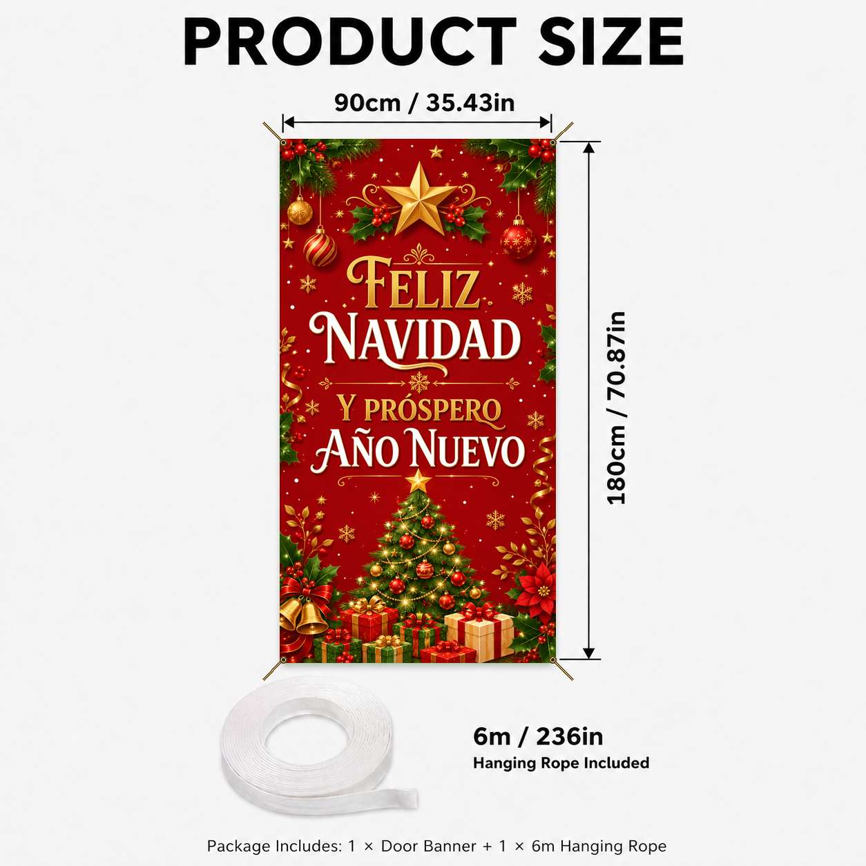 TEMU 2d Flat, 2d Flat - 2d Door Banner 2d Flat Banner, 1pc, Spanish Christmas Door Banner, Polyester, Merry Christmas Red Background Christmas Tree