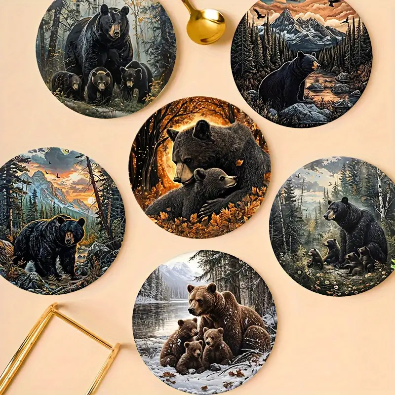 TEMU 6pcs Forest Suitable For Home, Wood Heat-resistant Cup Holders With Bear-themed Table Protectors, Decorative For Home & Restaurants, Ideal Gift