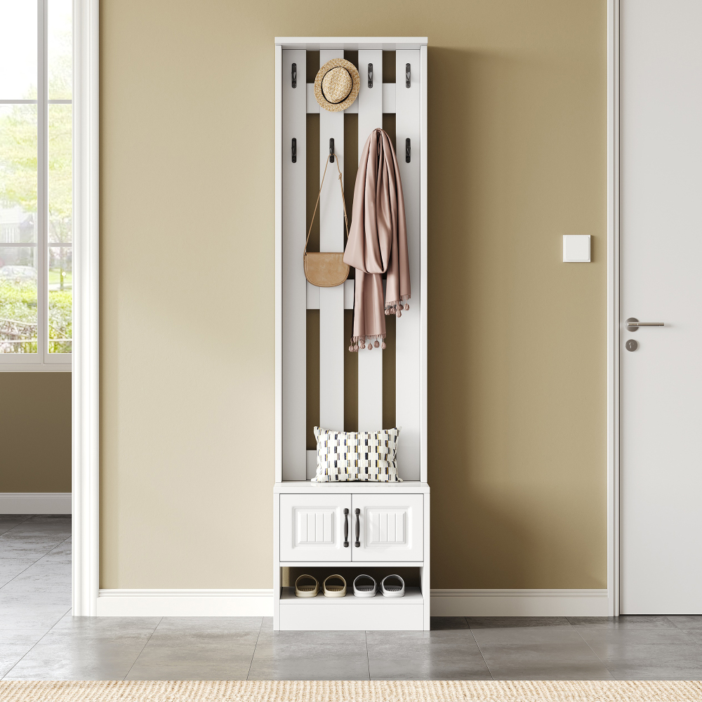 TEMU Shoe Bench, Shoe Cupboard, Furniture With 2 Doors, Backsplash With 8 Hooks, White.