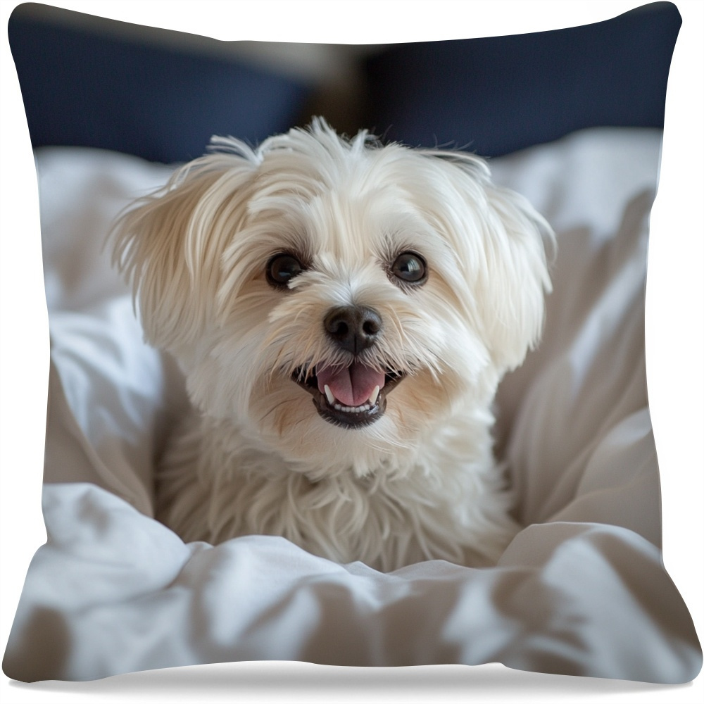 TEMU Une housse de coussin de 18X18 pouces représentant un chien Maltese, avec une image détaillée imprimée sur côtés, et une fermeture éclair. Elle