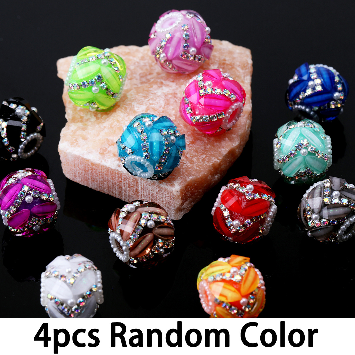 TEMU 4pcs Random Color 3d Petal Rhinestone Pearl Round Acrylic Beads, 19 X 18mm Floral Bling Crystal Ball Loose Spacer Beads For Decor Pen Bracelet