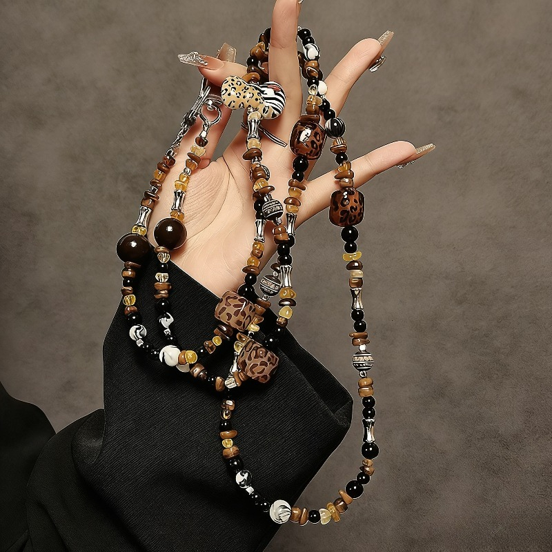 TEMU Leopard Print Handmade Beaded Long Crossbody Strap Chain Phone Case Bag Fashion Universal Pendant For Women