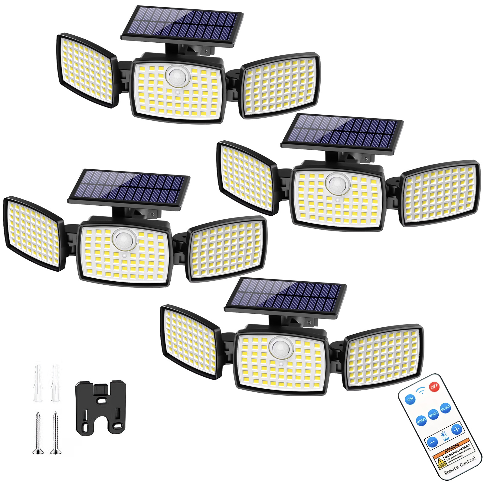 TEMU 1/2/4pcs Solar Outdoor Lights With Remote Sensor, 3-head Solar Flood Lights,, 179 Led, Dimmable Cct Lighting Suitable For Garden, Driveway,