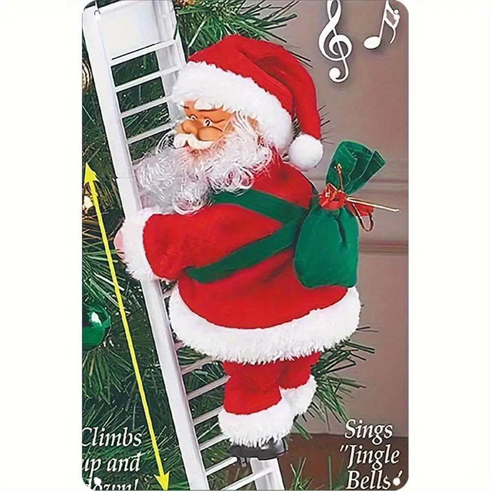 TEMU 2d Flat, 1pc, 2d Plane Retro Santa Claus Climbing Ladder Metal Sign- Rustic Style Wall Decor, Santa And Ladder Design, 12"x8" Durable Metal
