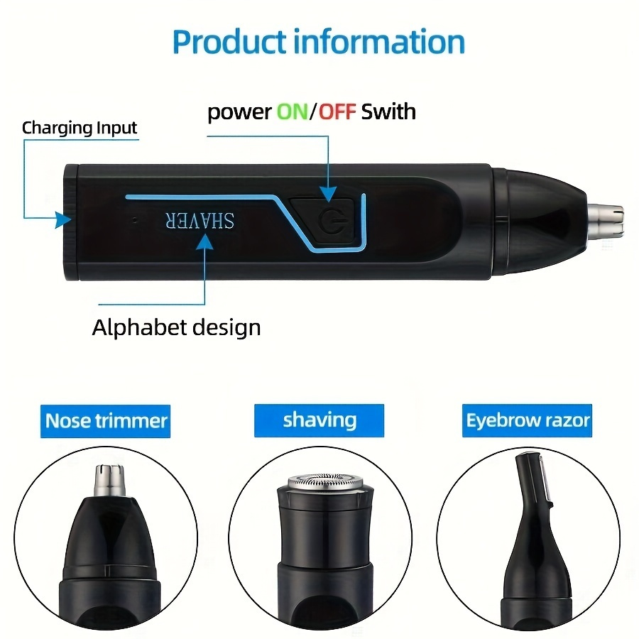 1pc 3 in 1 multifunctional electric nose ear hair trimmer eyebrow groomer rechargeable usb charging nose hair clipper with 150mah battery 36v operating voltage   usb c cable cleaning brush Product details 3