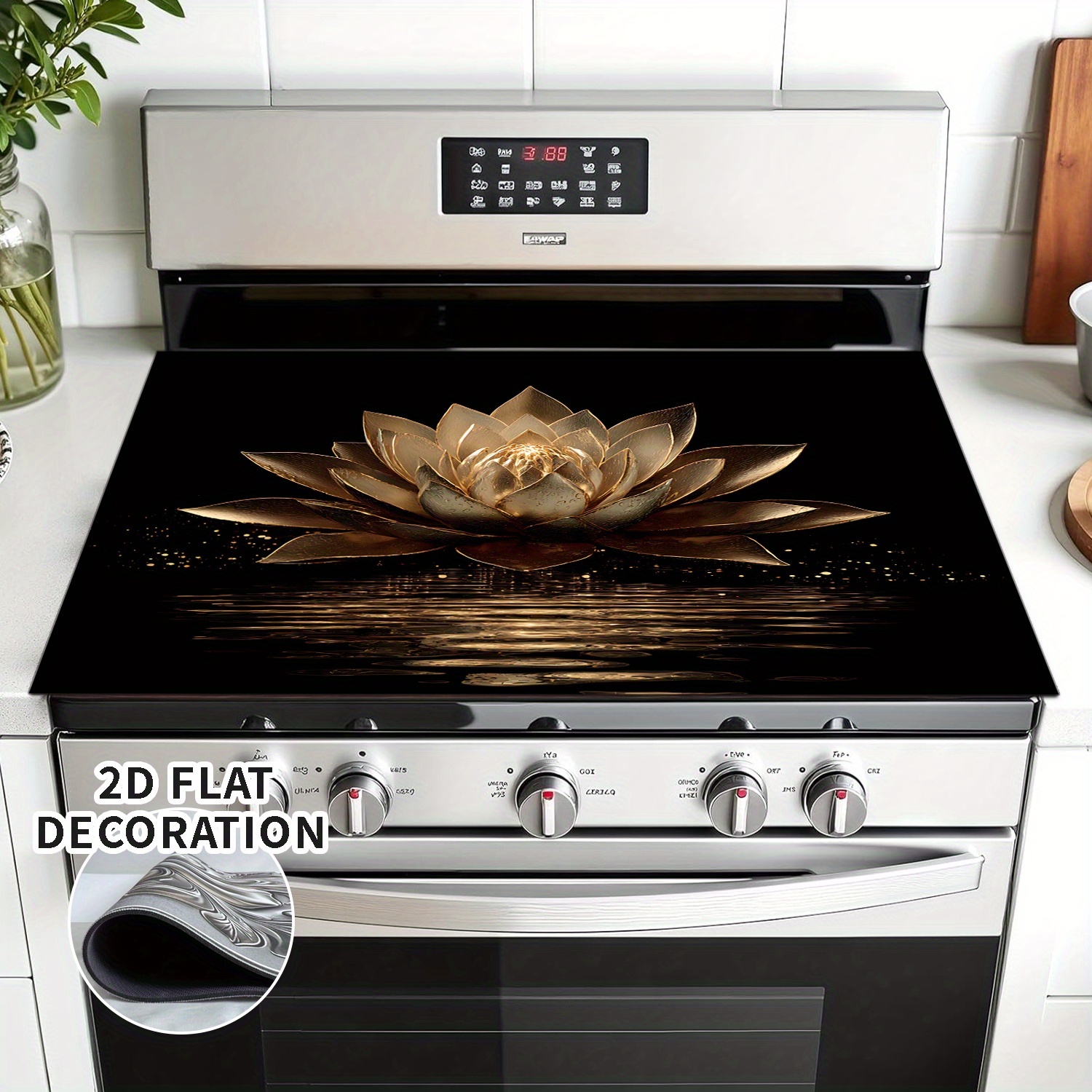 TEMU 2D Platte Decoratieve Kookplaat Cover in Lotus Design, Gouden Kleur, Reflecterend Oppervlak, Ideaal voor Elektrische Kookplaat Keukenomgevingen,