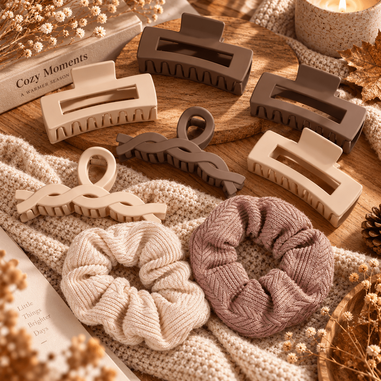 8pcs Solid Color Hair Clips and Scrunchies Set for Daily Use