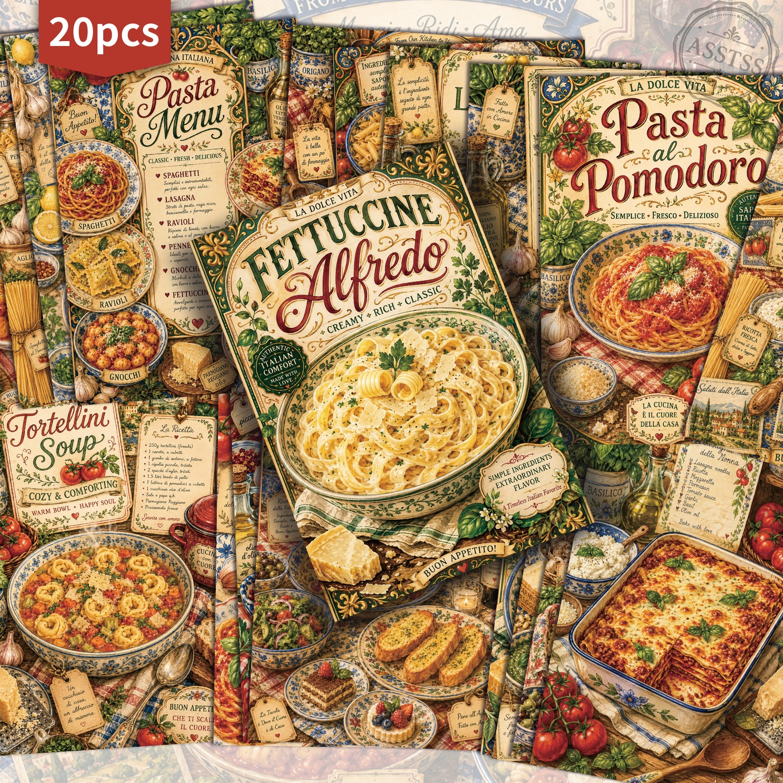TEMU 20-pack Asstss Vintage Pasta Recipe Postcards - 4x6 Inches Retro Junk Journal Supplies, Classic Pinup Illustrations Collectible Decorative