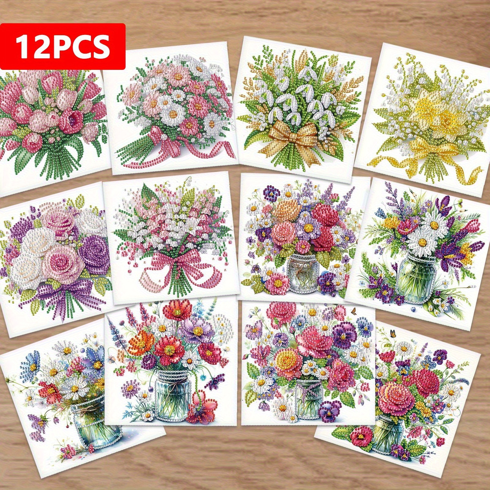 TEMU 12pcs Floral Diamond Painting Greeting Card Set - Diy Round Acrylic Craft Cards With Envelopes, Vibrant Bouquet Designs For Birthdays, Holidays,