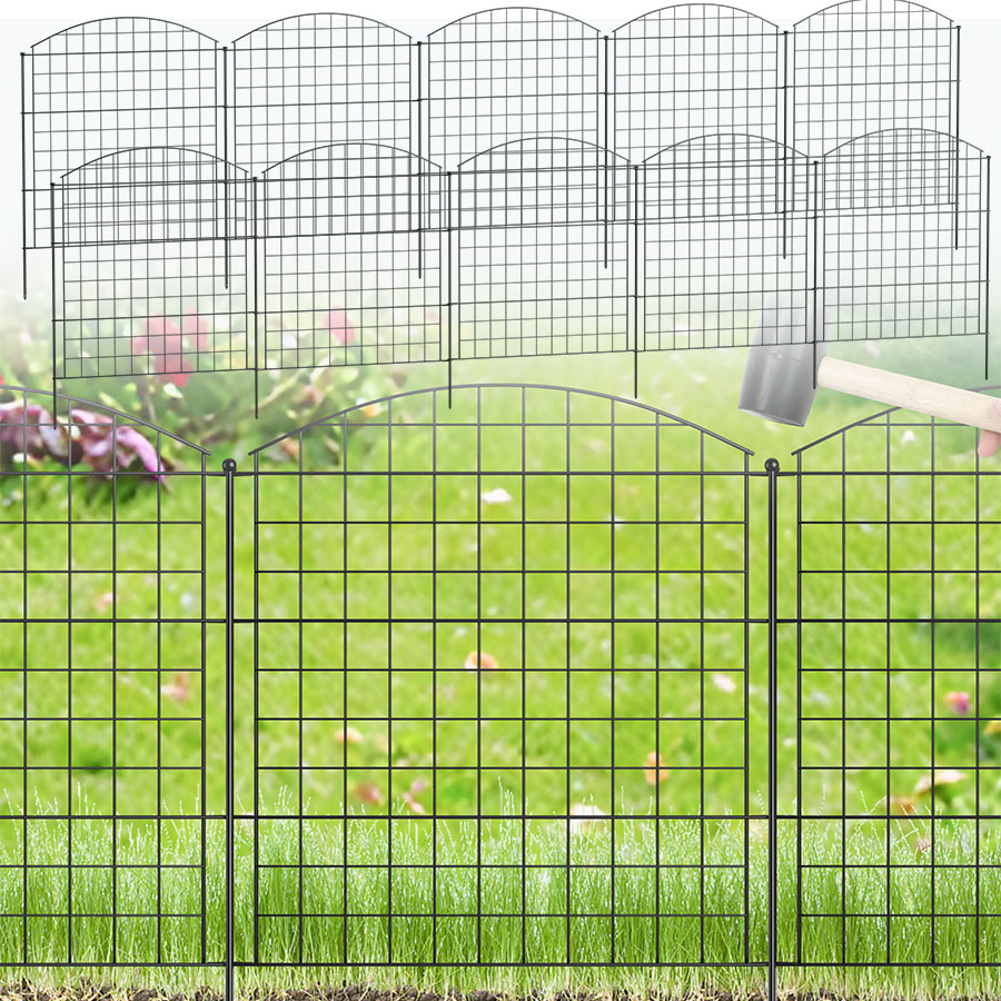 E-shop 【2D Flat】 [2D Flat] 10-teiliges Metall Gartenzaun Set mit 12 Pfosten, dekorativer Netzgitterzaun mit gebogenem Abschluss, tragbarer für Hof,