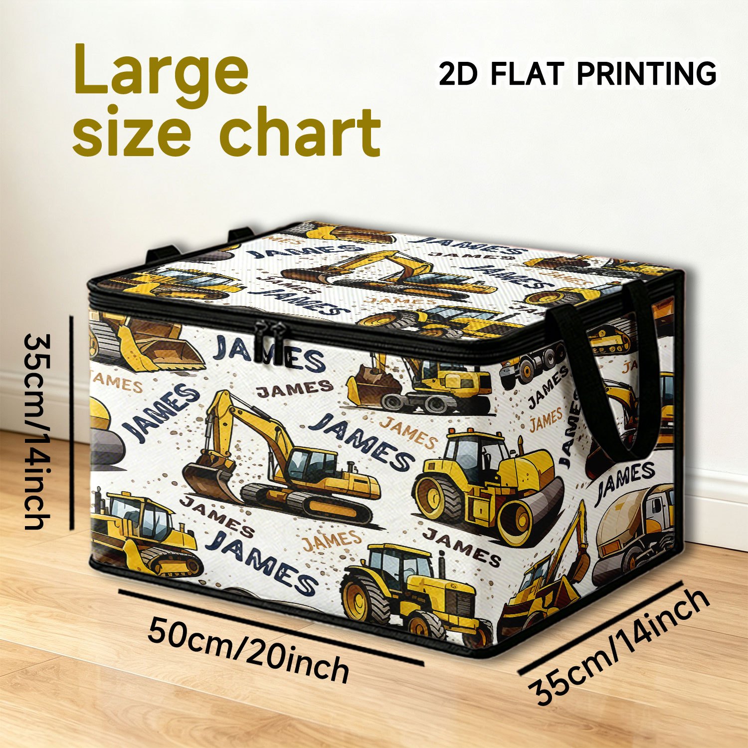 TEMU 1pc Customizable Name Yellow Excavator Bulldozer Printed Storage Box. Foldable Hand Carry Portable Design, Polyester Material, Lid, Large