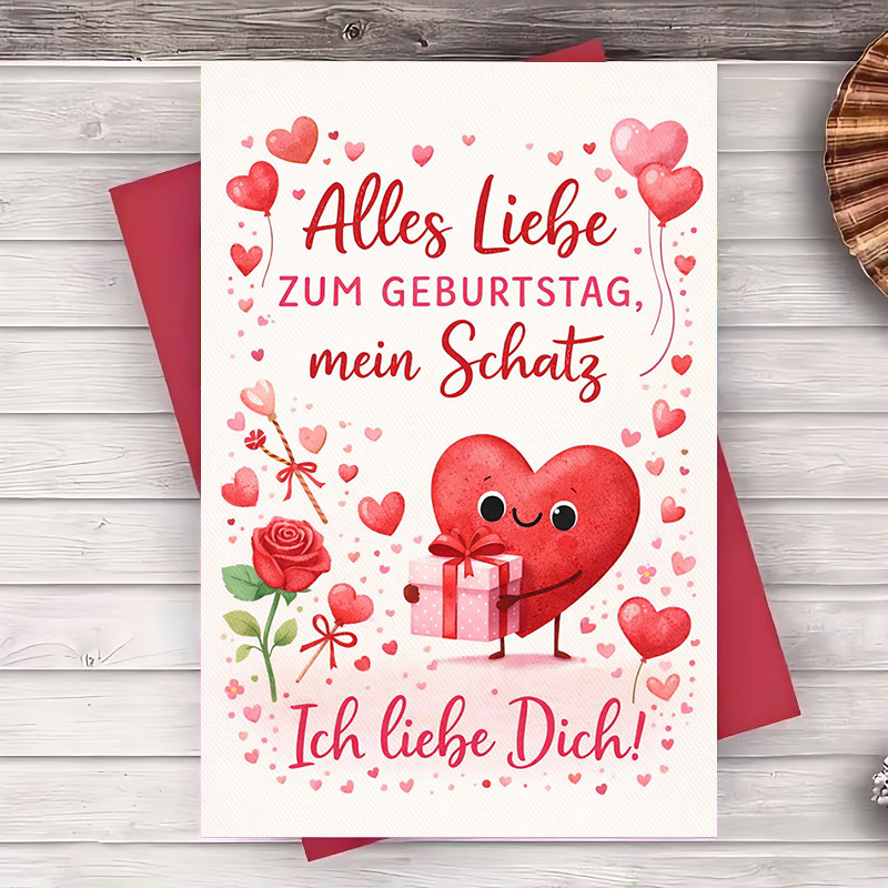 E-shop 1 Grußkarte + 1 Umschlag Romantische Geburtstagsgrußkarte mit niedlichem Herz- Geschenk-Design, für Ehepartner, Partner oder geliebte Menschen,