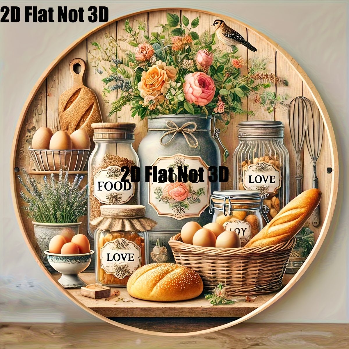 TEMU 2d Flat, 2d Flat, 2d Flat Wall Art Featuring A Vintage Floral And Kitchen Utensils Design - A Rustic Wooden Decorative Sign With A Print Pattern